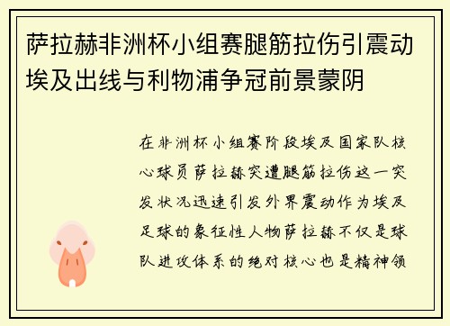 萨拉赫非洲杯小组赛腿筋拉伤引震动埃及出线与利物浦争冠前景蒙阴 萨拉赫非洲杯小组赛腿筋拉伤引震动埃及出线与利物浦争冠前景蒙阴